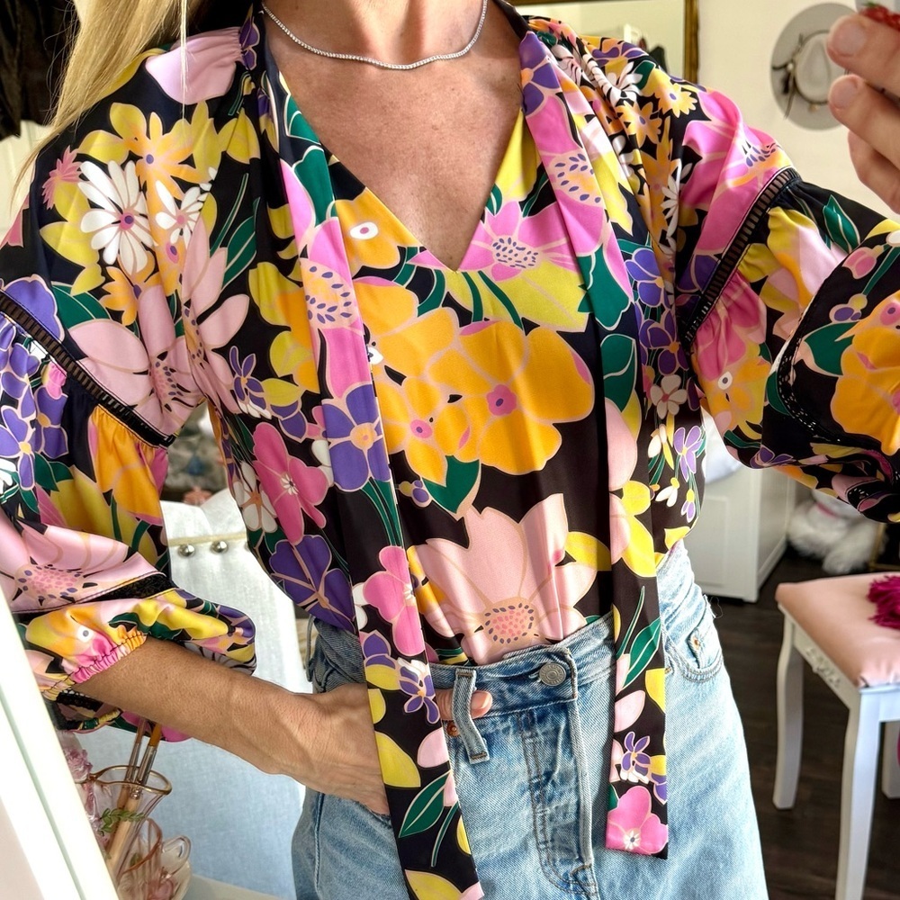 Jade Melody Tam Floral Blouse Tie Neck Embroidered Sleeve Boho Spring Top XS